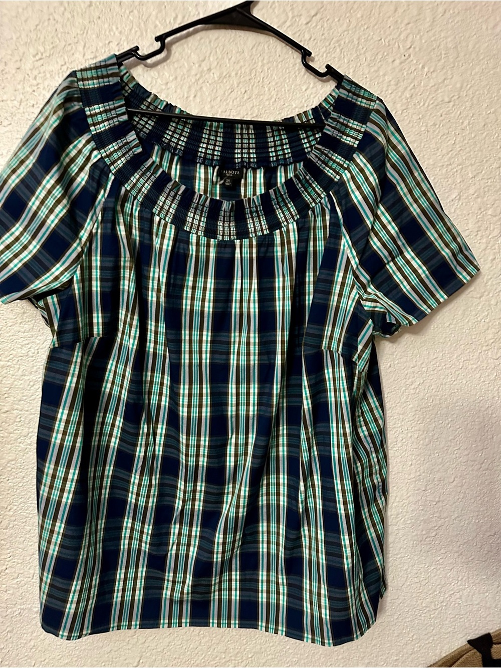 Talbots Navy & Teal Plaid Short-Sleeve Tunic
